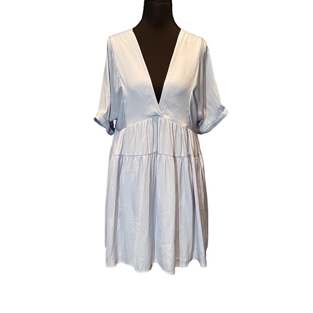 Light Blue V-Neck Tassel Back Tiered Babydoll Mini Dress‎ S Romantic Boho
